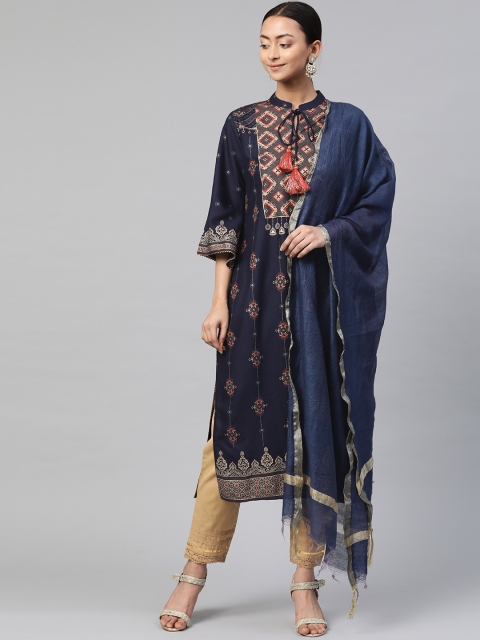 

Juniper Navy Blue & Golden Foil Print Straight Kurta with Dupatta & Scrunchie