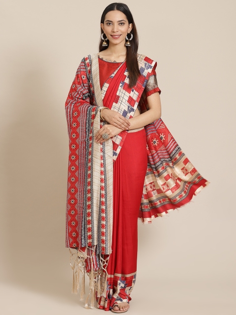 

Shangrila Creation Red Solid Saree With Shawl