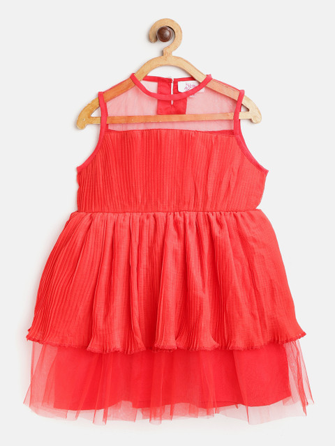 

Bella Moda Girls Red Solid Accordion Pleated & Layered Fit and Flare Dress with Tie-Ups