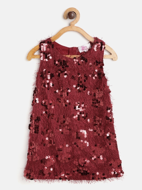 

Bella Moda Girls Maroon Sequined & Faux Feathered A-Line Dress