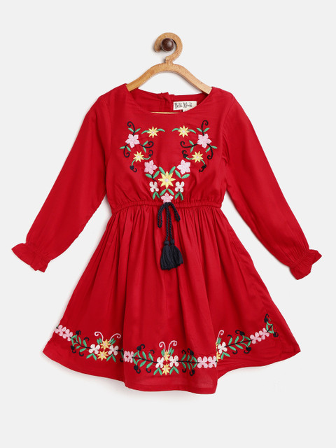 

Bella Moda Girls Red & White Ethnic Motifs Embroidered Fit and Flare Dress with Tie-Ups