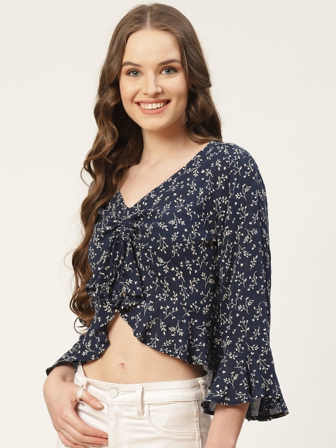 

Rue Collection Navy Blue & White Printed Bell Sleeves Crop Top