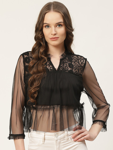 

Rue Collection Black Self Design Net Semi-Sheer Mandarin Collar Crop Top