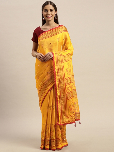 

Rajnandini Yellow & Red Jute Silk Embellished Patola Saree