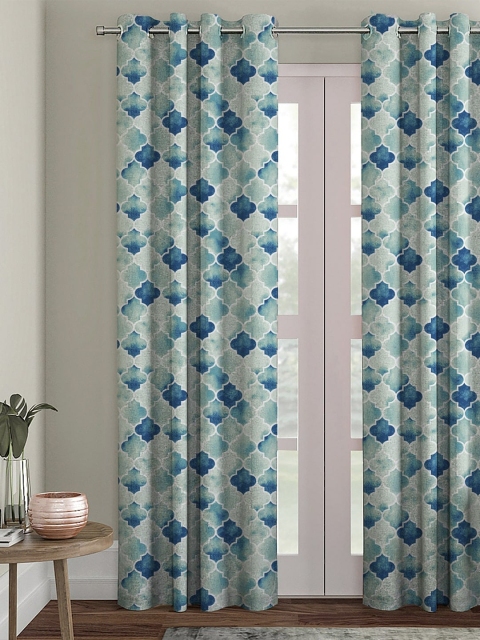 

HOUZZCODE Turquoise Blue & White Printed Single Black Out Door Curtain