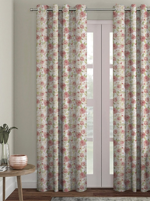 

HOUZZCODE White & Pink Floral Printed Single Black Out Door Curtain