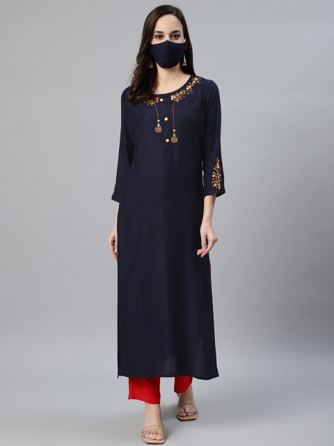 

Anubhutee Women Navy Blue Red Self-Striped Kurta with Palazzos
