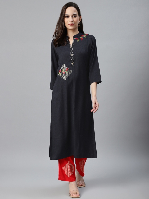 

Anubhutee Women Navy Blue & Red Embroidered Yoke Design Kurta with Palazzos