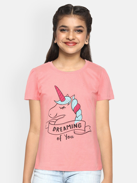 

YK Girls Peach-Coloured & Black Puff Sleeve Unicorn Print Pure Cotton Regular Top