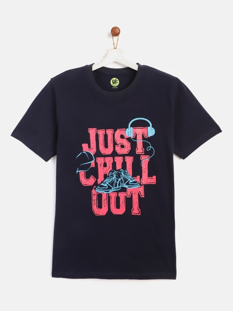 

YK Boys Navy Blue Coral Pink Slogan Print Round Neck Pure Cotton T-shirt