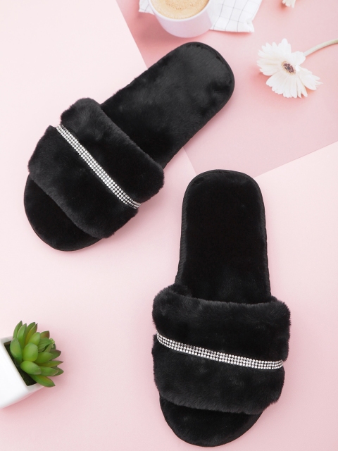 

Mast & Harbour Women Black Embellished Faux Fur Room Slippers