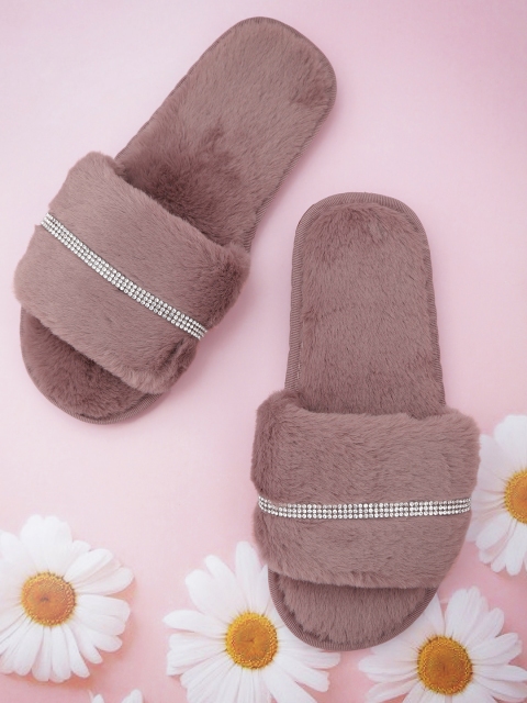 

Mast & Harbour Women Mauve Embellished Faux Fur Room Slippers