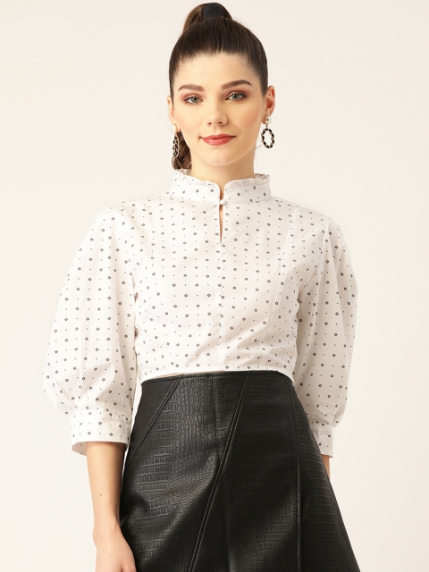 

Rue Collection Women White Geometric Printed Keyhole Neck Monochrome Pure Cotton Crop Top