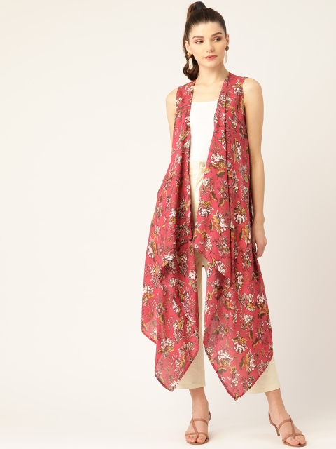 

Rue Collection Women Coral Pink & Off-White Floral Print Open Front Longline Shrug