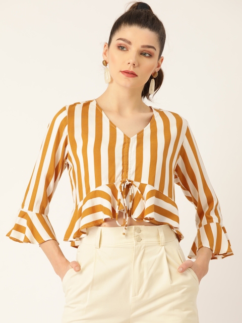 

Rue Collection Women White & Mustard Yellow Striped Bell Sleeves Crop Top