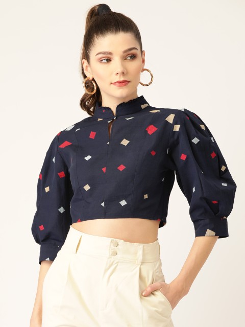 

Rue Collection Navy Blue & Red Geometric Embroidered Keyhole Neck Pure Cotton Crop Top