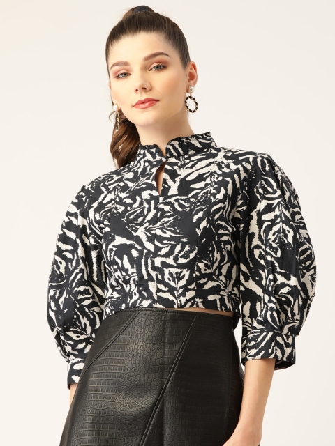 

Rue Collection Women Navy Blue & White Printed Keyhole Neck Pure Cotton Crop Top
