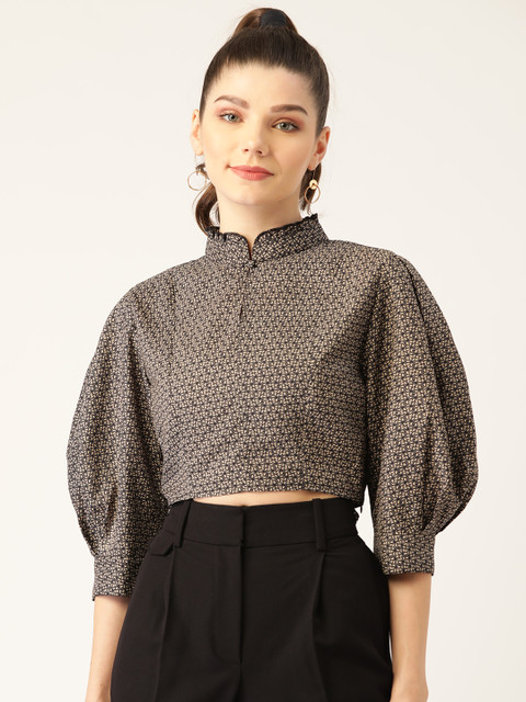

Rue Collection Women Black & Beige Printed Keyhole Neck Crop Top