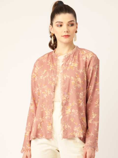 

Rue Collection Women Peach & Cream-Coloured Pure Cotton Floral Print Open Front Shrug