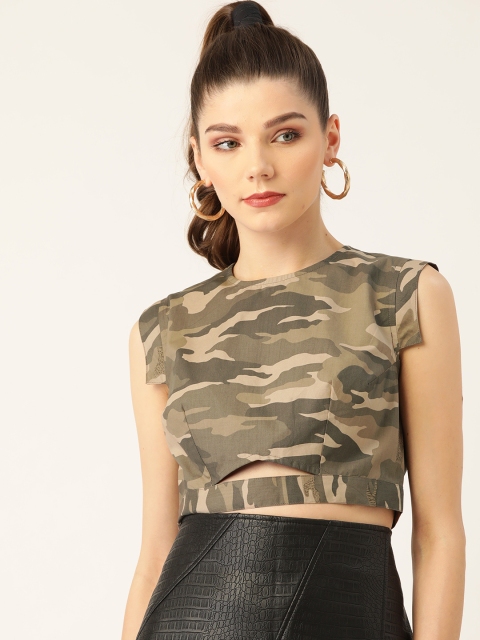 

Rue Collection Women Olive Green & Beige Camouflage Printed Pure Cotton Crop Top