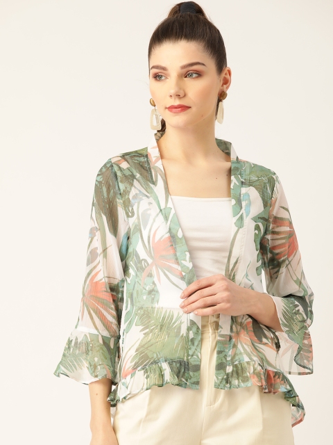 

Rue Collection Women Green & White Tropical Print Open Front Shrug