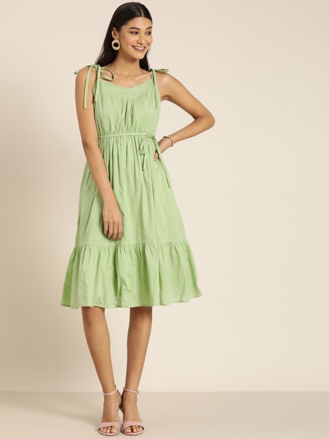 

all about you Women Green Self Design Pure Cotton Fit and Flare Dress