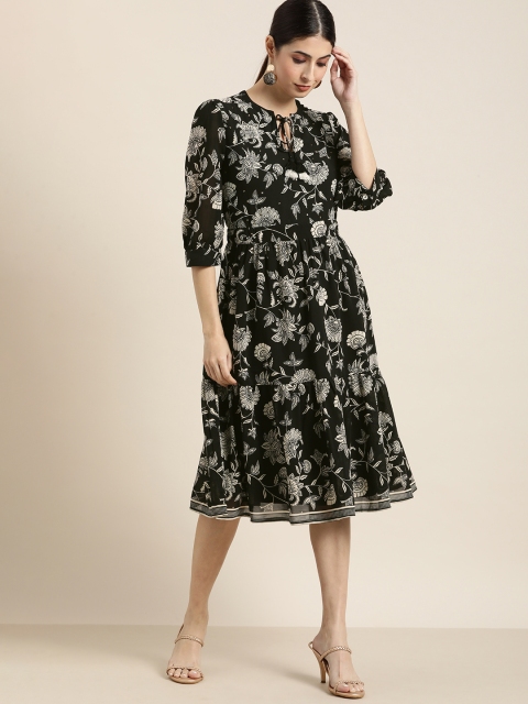 

all about you Women Black & White Floral Printed Fit and Flare Dress