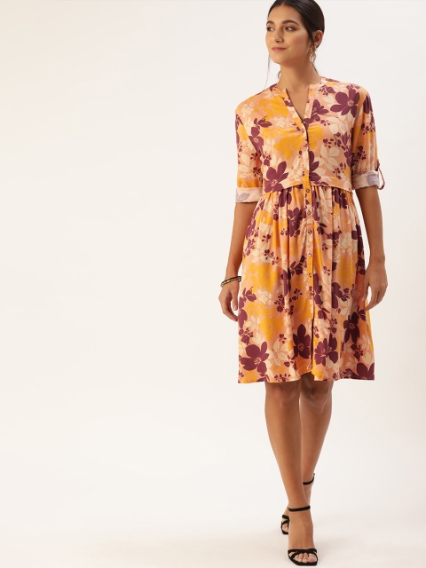 

all about you Beige & Mustard Yellow Floral Printed Fit and Flare Dress