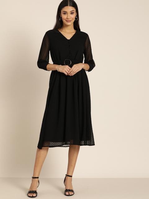 

all about you Women Black Self Design Fit and Flare Dress