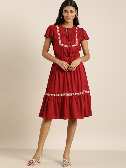

all about you Red and White Embroidered Fit and Flare Dress