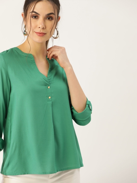 

all about you Women Green Mandarin Collar Regular Top