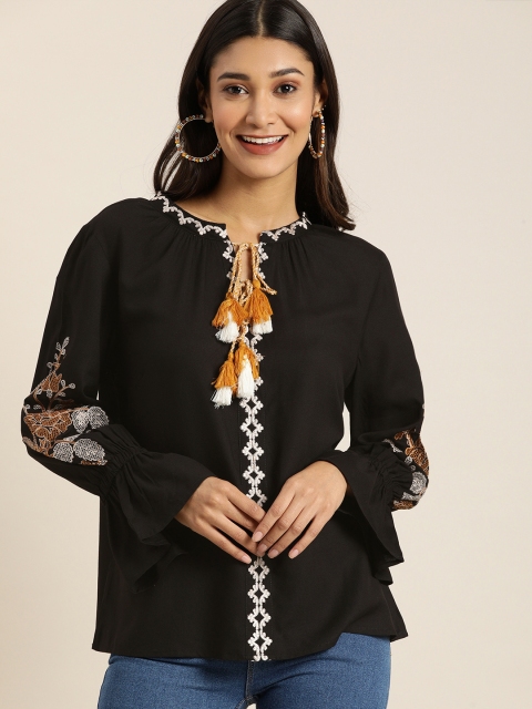 

all about you Women Black & White Embroidered Tie-Up Neck Bell Sleeve Regular Top