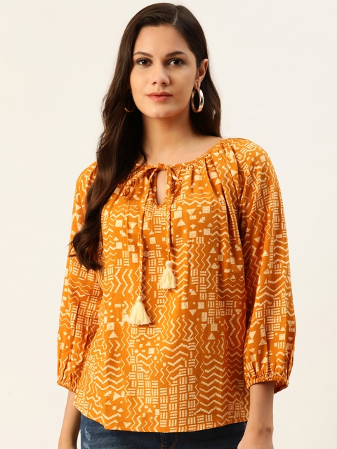 

all about you Mustard Yellow Aztec Print Tie-Up Neck Regular Top