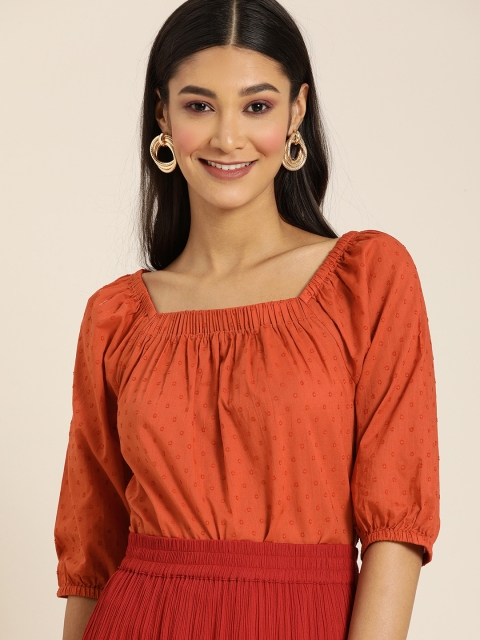 

All About You Rust Brown Self Design Puff Sleeves Pure Cotton Regular Top