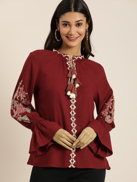 

all about you Women Maroon & White Embroidered Tie-Up Neck Bell Sleeve Regular Top