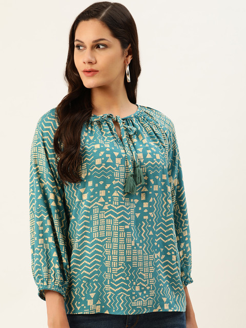 

all about you Blue & Beige Aztec Print Tie-Up Neck Regular Top