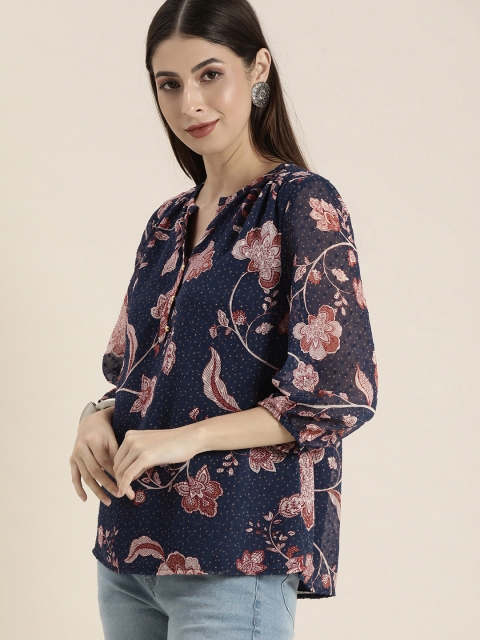 

all about you Navy Blue Floral Shirt Style Top