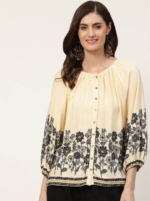 

all about you Cream-Coloured & Black Floral Print Puff Sleeves Regular Top with Gathers