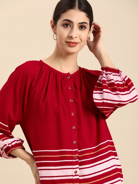 

all about you Red & White Striped Raglan Puff Sleeves Shirt Style Top