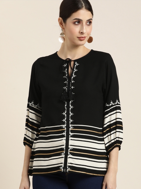 

all about you Women Black & White Striped Tie-Up Neck Regular Top