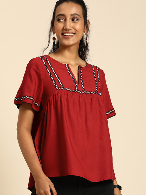 

all about you Women Red Embroidered Boxy Top