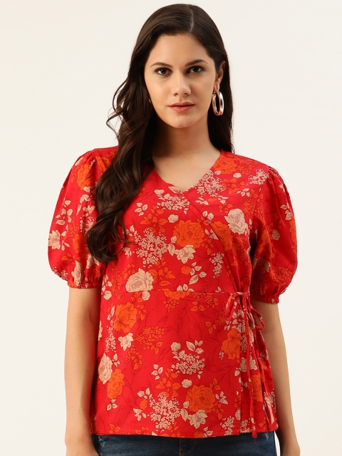 

all about you Red & Beige Floral Print Wrap Top with Waist Tie-Up