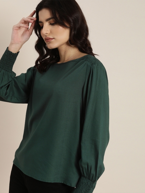 

all about you Women Green Solid Top with Smocking Detail