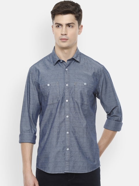 

Louis Philippe Jeans Men Blue Self Checked Pure Cotton Slim Fit Casual Shirt
