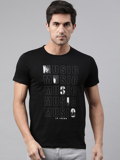 

Louis Philippe Jeans Men Black Printed Round Neck Pure Cotton T-shirt