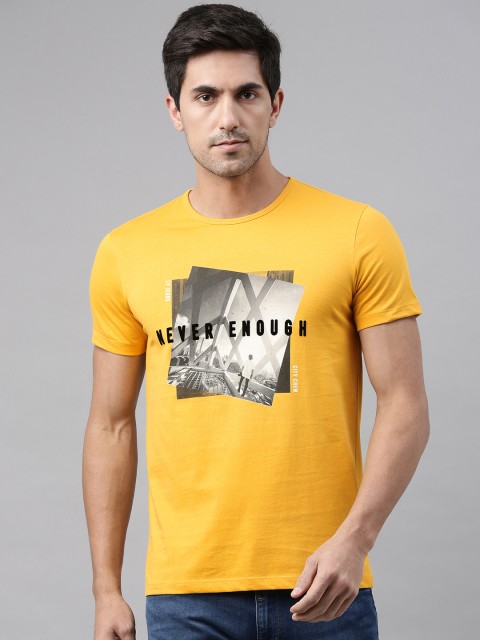 

Louis Philippe Jeans Men Mustard Yellow Printed Round Neck Pure Cotton T-shirt