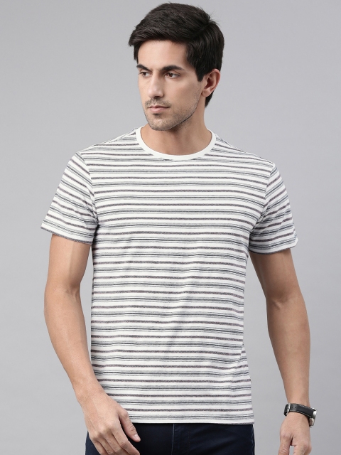 

Louis Philippe Jeans Men White Striped Round Neck Pure Cotton T-shirt