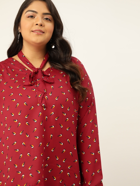 

Sztori Women Plus Size Red & Yellow Bird Print Top with Detachable Neck Tie-Up