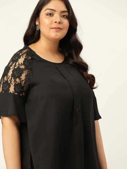 

Sztori Plus Size Black Solid Lace Sleeves Regular Top