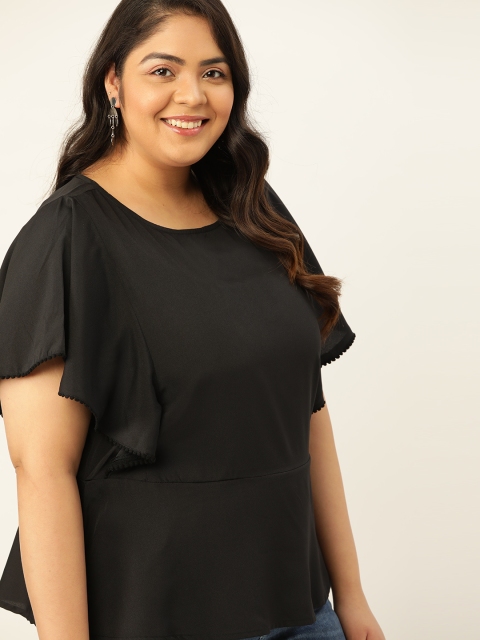 

Sztori Women Plus Size Black Solid Flared Sleeve Ruffles A-Line Top